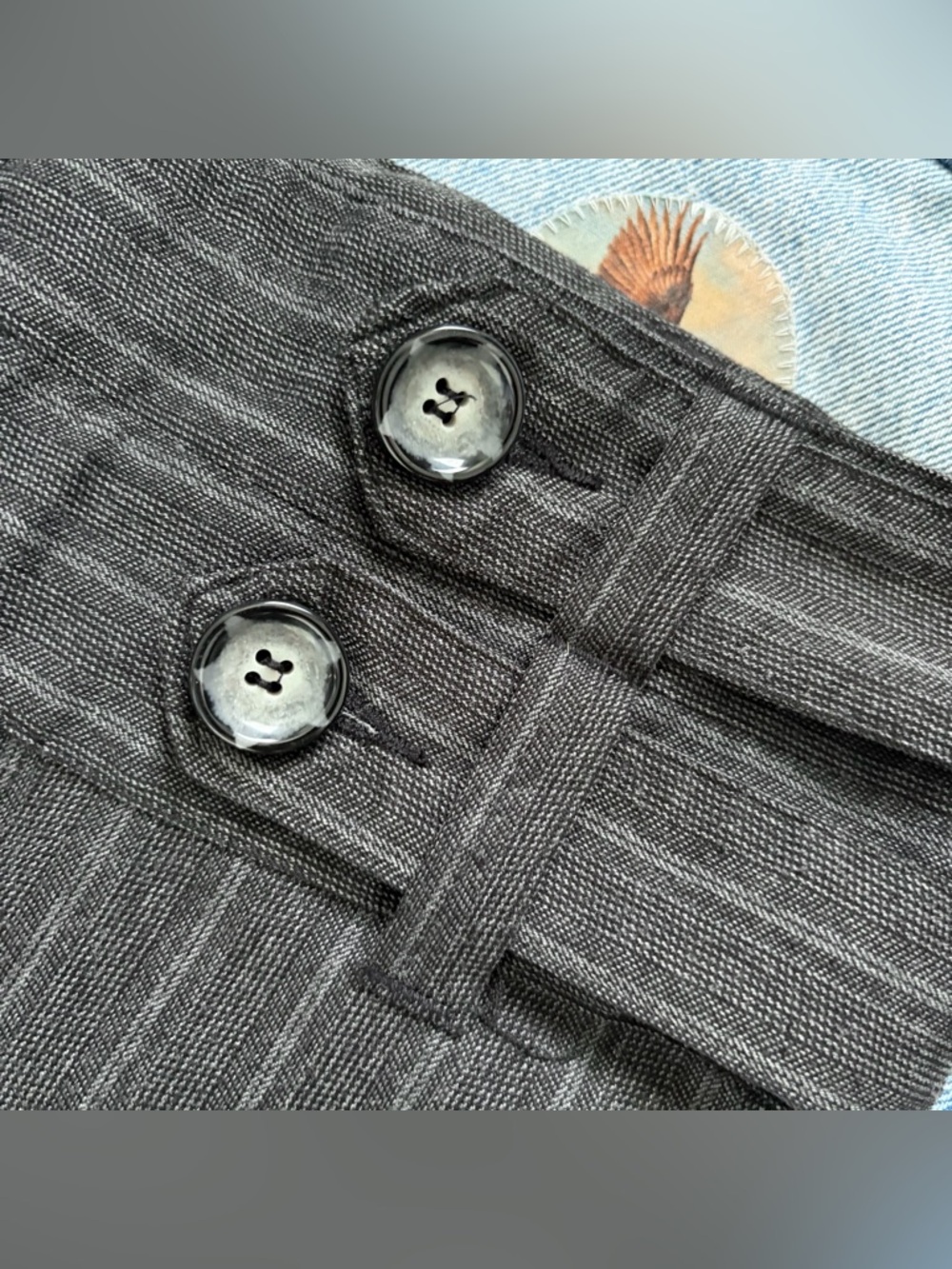 Y2K vanity flare grey striped trouser pants low rise wide belt button woven 5 - Picture 6 of 12